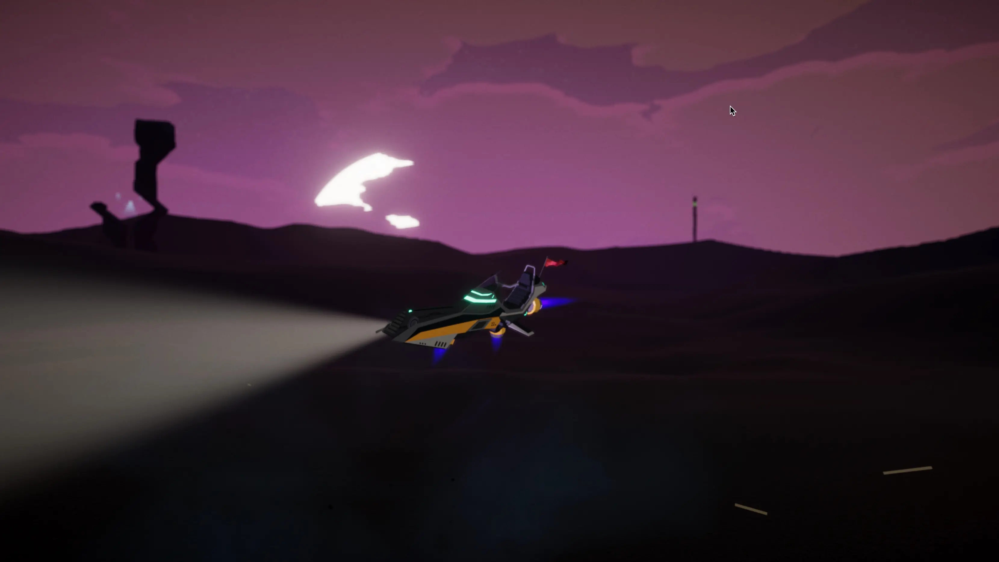 Hoverbike project screenshot at night facing left.